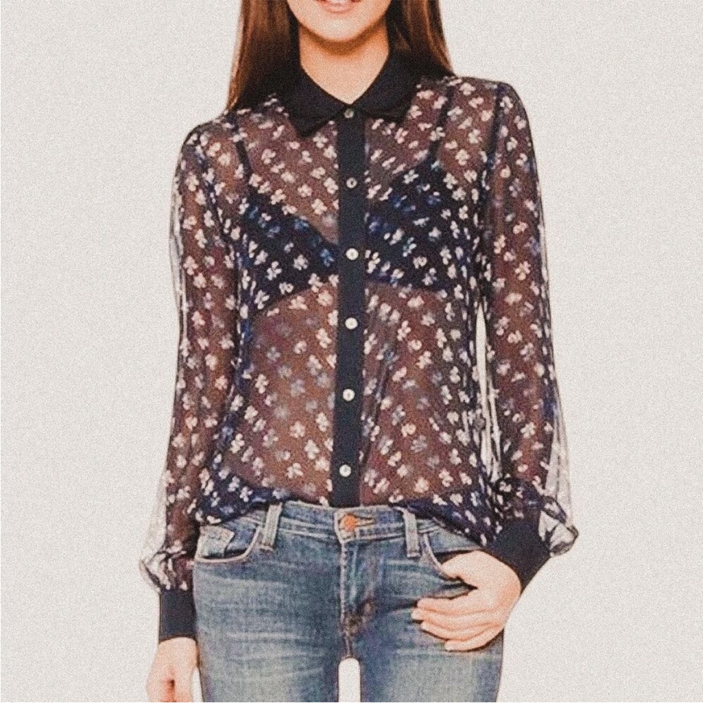 Diane Von Furstenberg Mariah Blue Sheer Floral Blouse